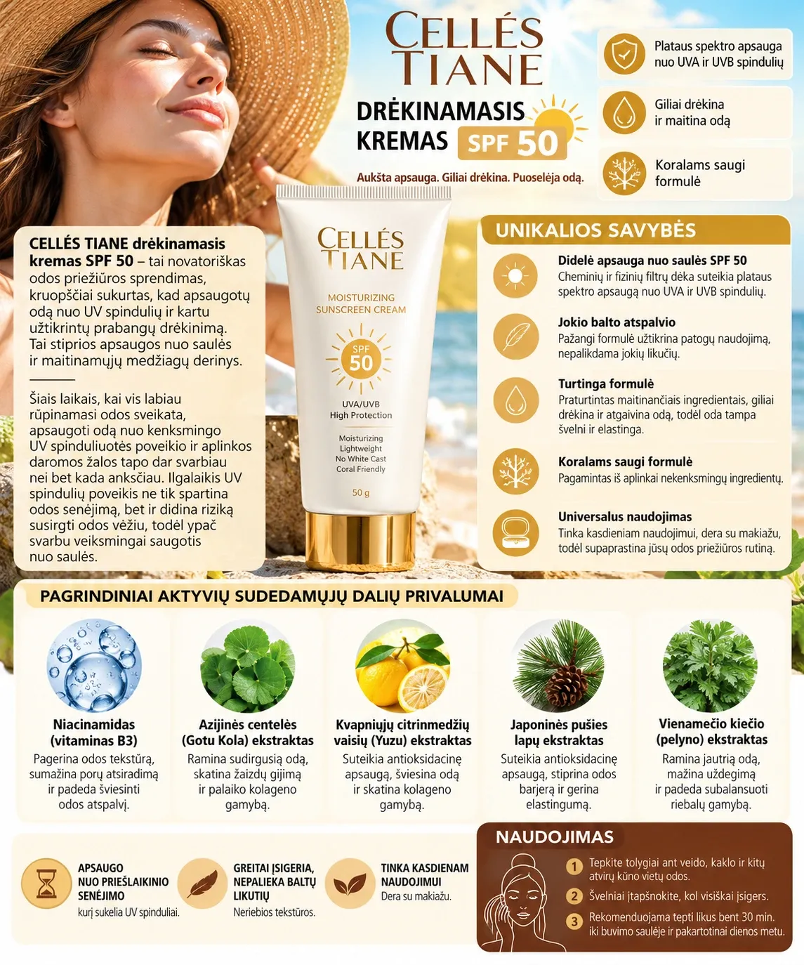 CELLES TIANE drėkinamasis kremas SPF50. Plakatas. Visas jo tekstas – žemiau, skiltyje „Informacija“.