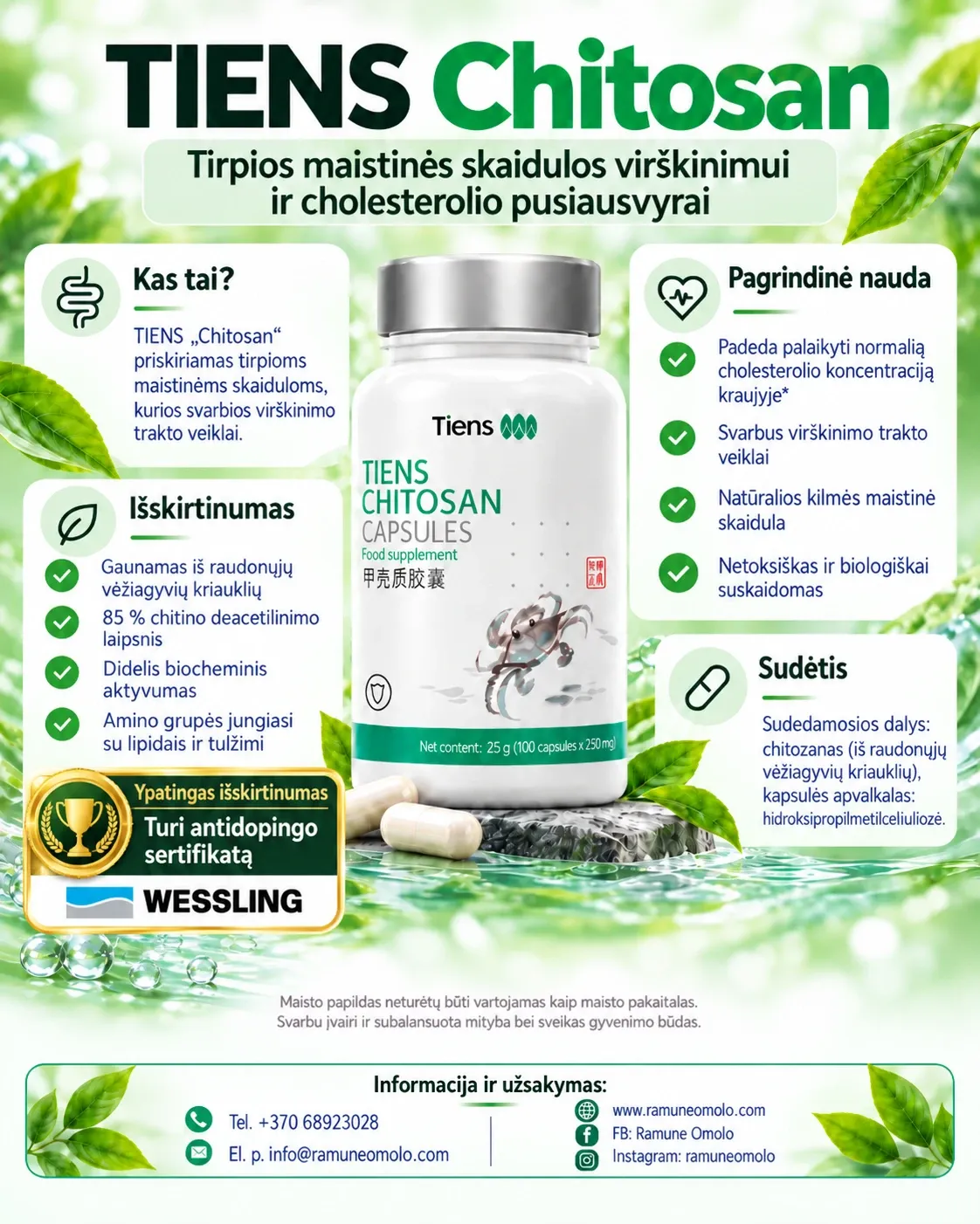 TIENS kapsulės „Chitosan“. Plakatas. Visas jo tekstas – žemiau, skiltyje „Informacija“.