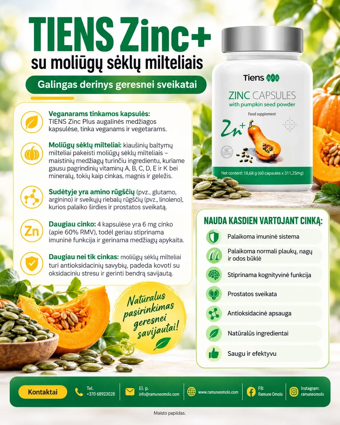 TIENS kapsulės su cinku ir moliūgų sėklų milteliais. Plakatas. Visas jo tekstas – žemiau, skiltyje „Informacija“.