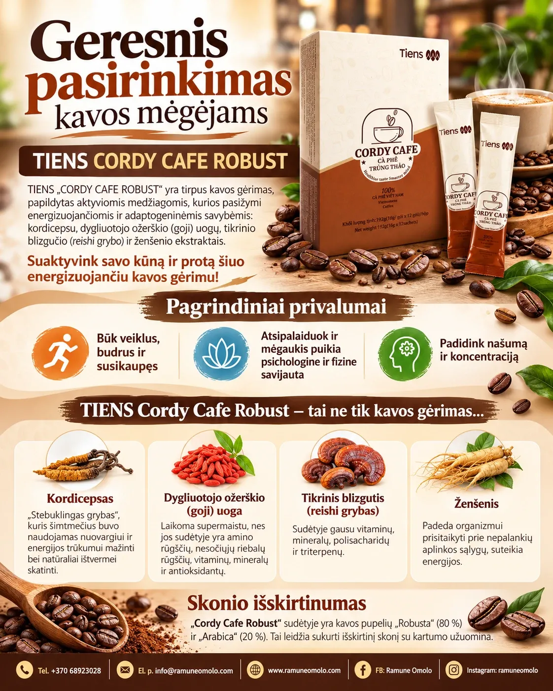 TIENS kavos gėrimas „Cordy Cafe Robust“. Plakatas. Visas jo tekstas – žemiau, skiltyje „Informacija“.