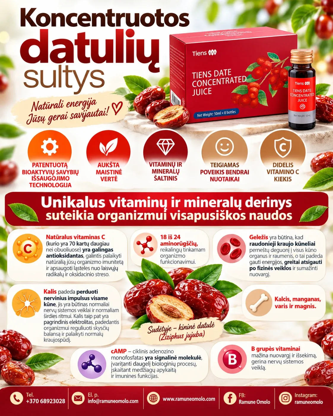 TIENS koncentruotos datulių sultys. Plakatas. Visas jo tekstas – žemiau, skiltyje „Informacija“.