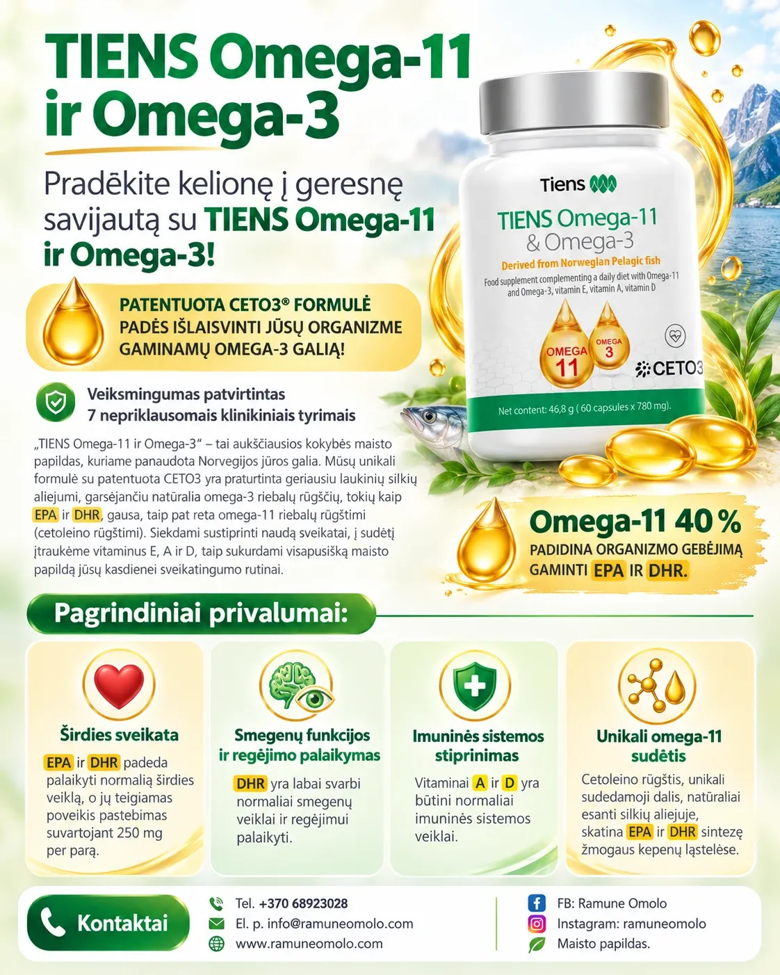 TIENS „Omega-11 ir Omega-3“. Plakatas. Visas jo tekstas – žemiau, skiltyje „Informacija“.