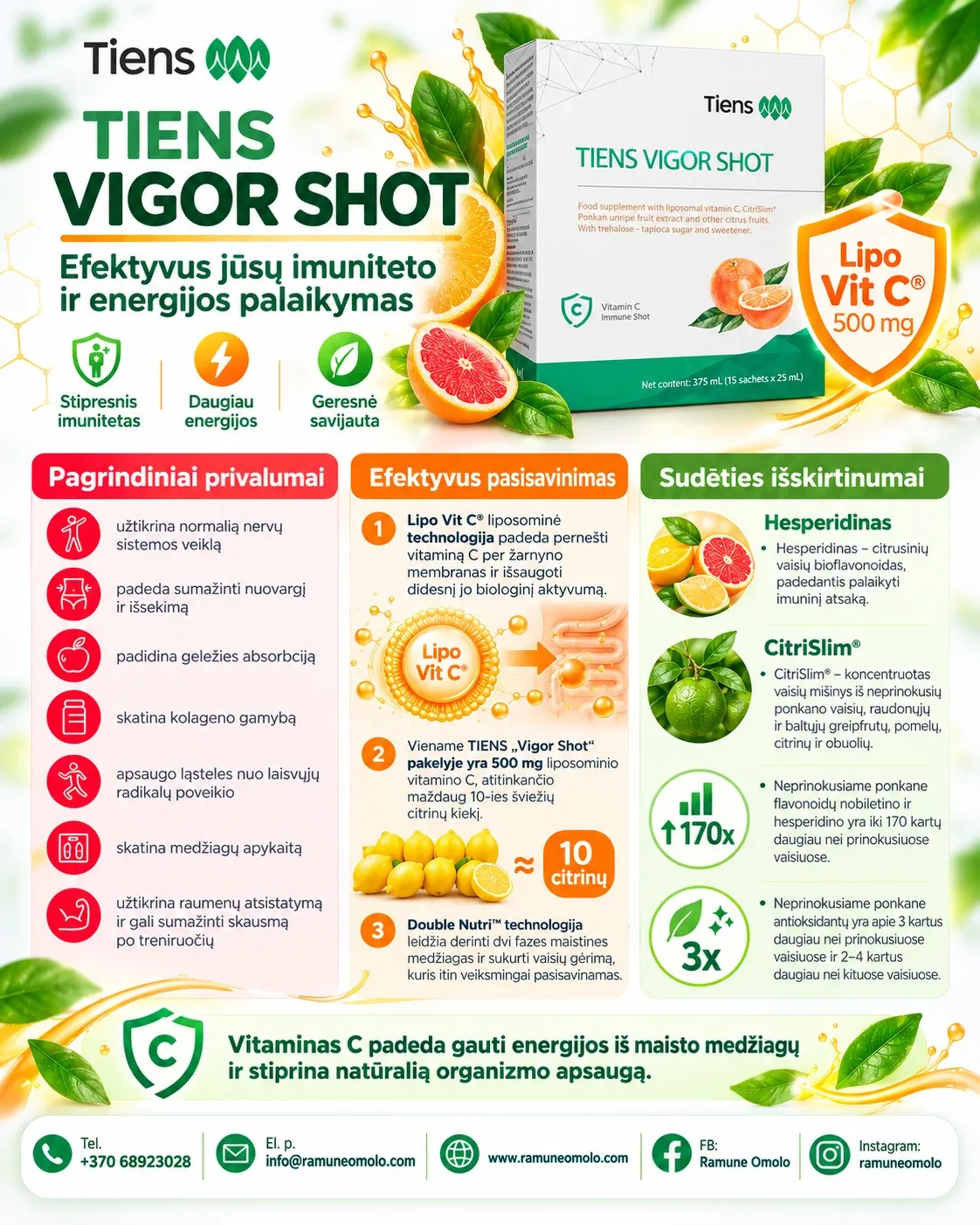 TIENS vitaminas C „Vigor Shot“. Plakatas. Visas jo tekstas – žemiau, skiltyje „Informacija“.
